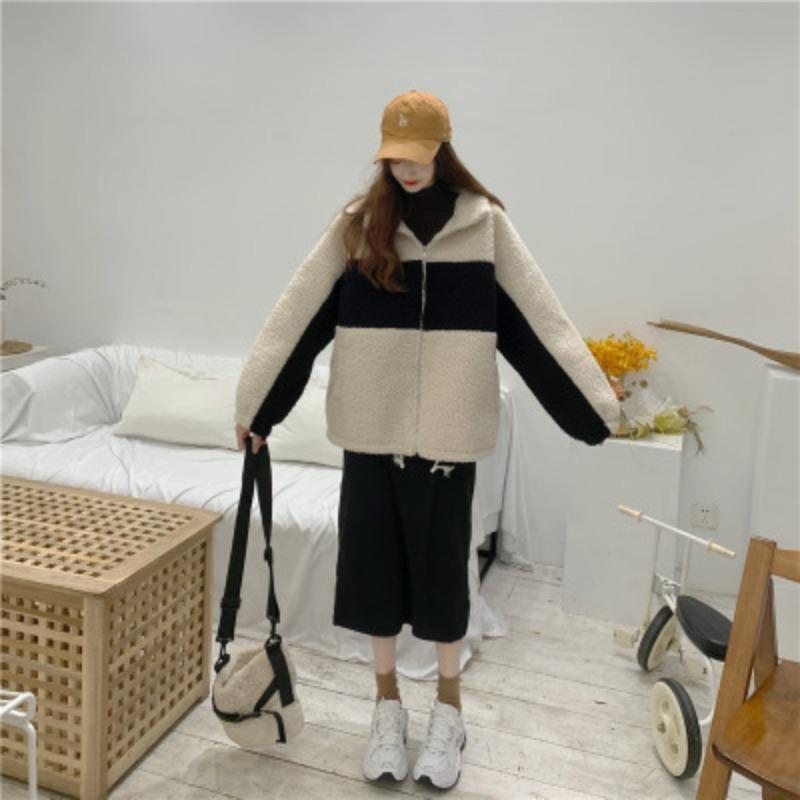 Bunda z imitace jehněčí vlny Dámská Podzimní Zimní Móda Univerzální Bunda Volný Krátký Styl Stojáček Ležérní Oversized Top