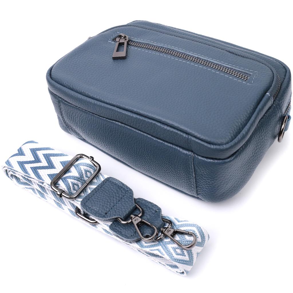 Original Women's Bag with a Patch Pocket Made of Genuine Leather Vintage 22641 Blue