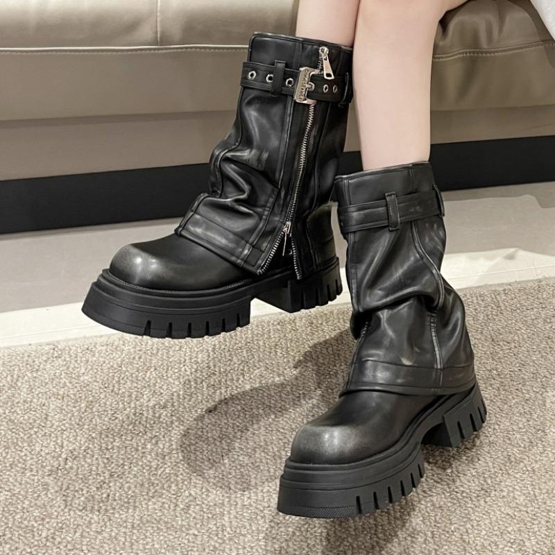 Women's Shoes 2024 Mid-Calf Women's Boots Novelty Modern Boots Women Round Toe Belt Buckle Side Zip Square Heel Shoes Ladies