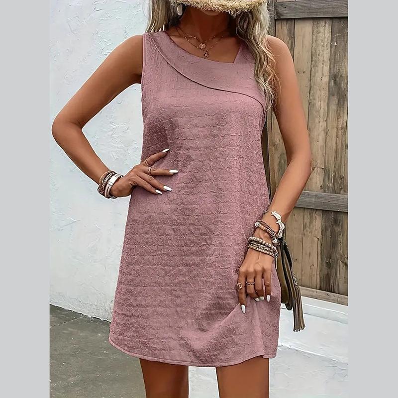 Solides ärmelloses Kleid für Damen, unregelmäßiger Ausschnitt, schmales A-Linien-Kleid, lässige Mode, lockeres kurzes Kleid, atmungsaktives leichtes bequemes Sommerkleid