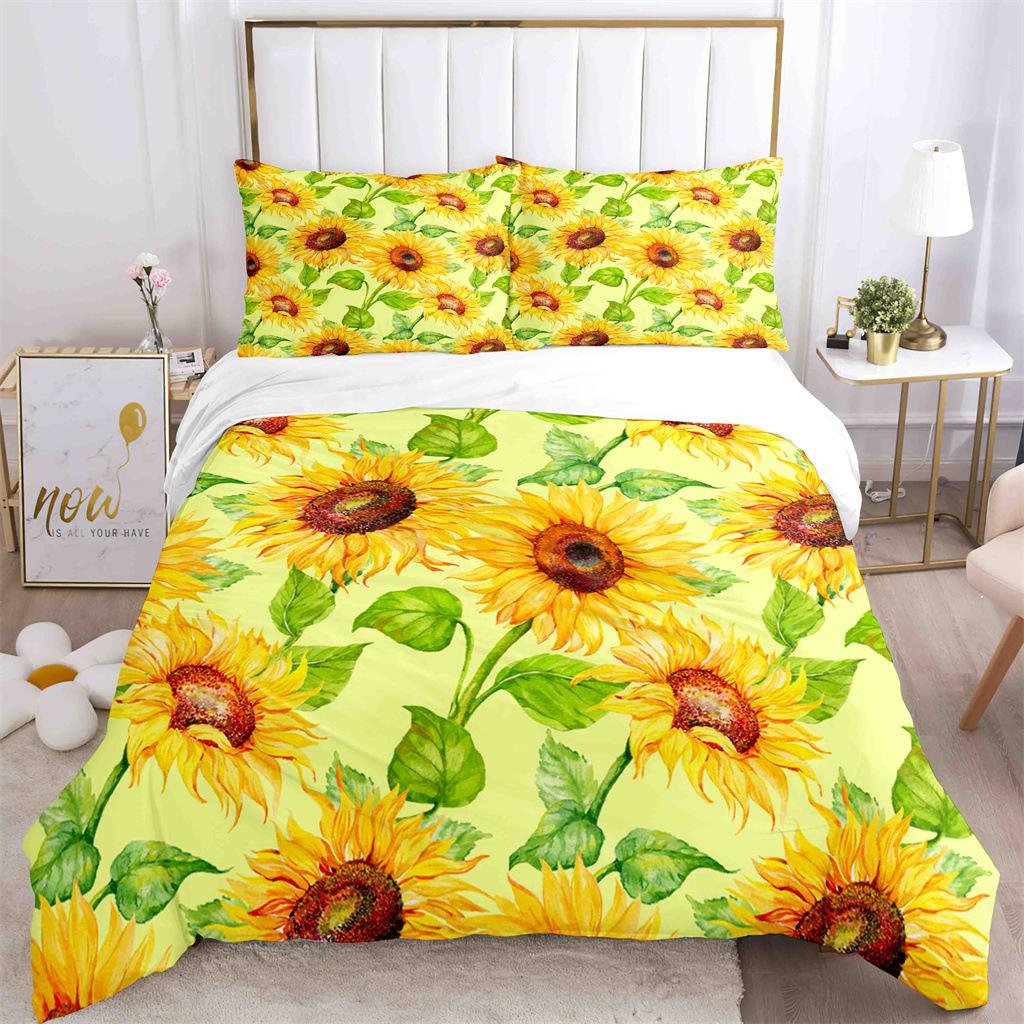 Sunflower Duvet Cover Set Yellow Flowers Green Leaves Cloud Tree King Queen Full Size for Boys Girls Teens Polyester Bedding Set