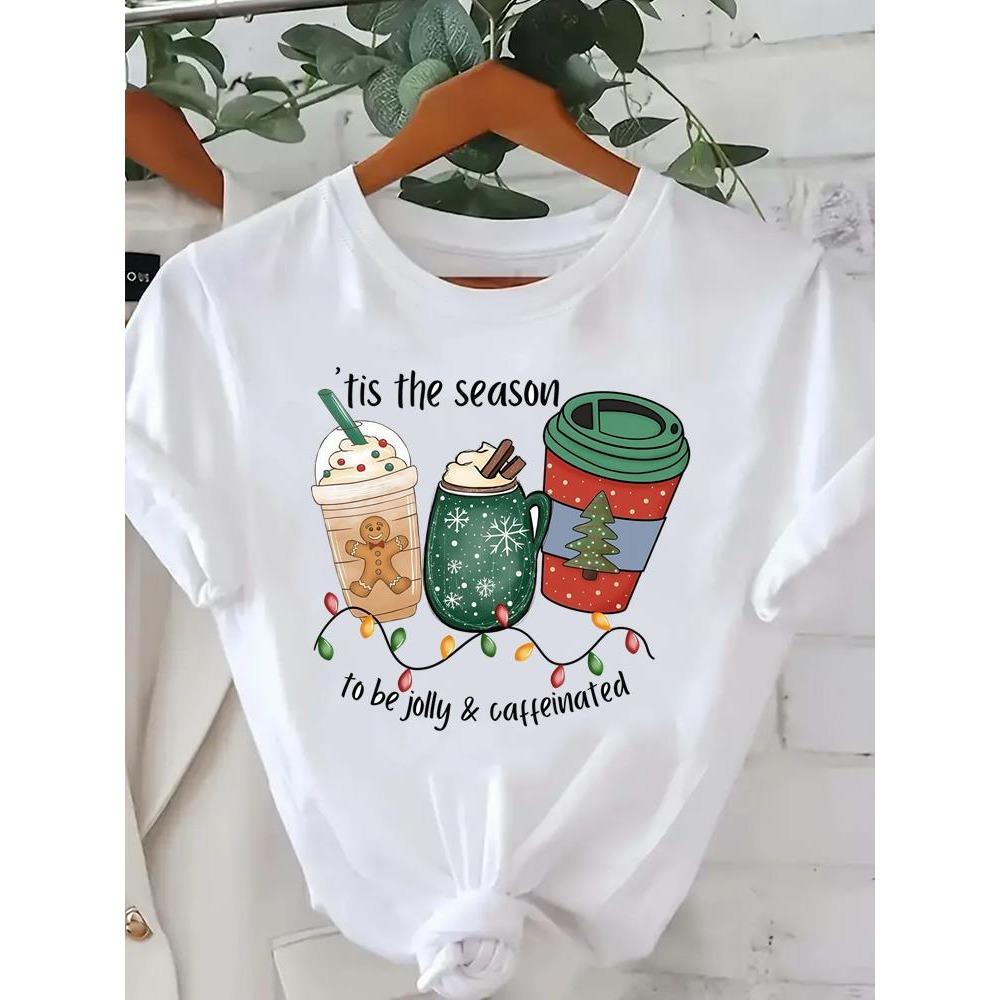 Printed Fashion New Year Women's T-shirt Top Merry Christmas Clothing Coffee Love Cute Holiday Pattern Round Neck Short Sleeve