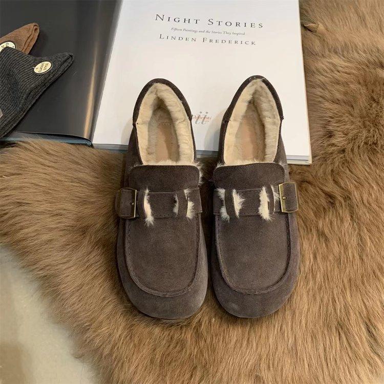 

Real soft leather Boken shoes women s retro 2025 new one-pedal beanie shoes women s flat bottom ugly cute velvet thermal cotton shoes 35