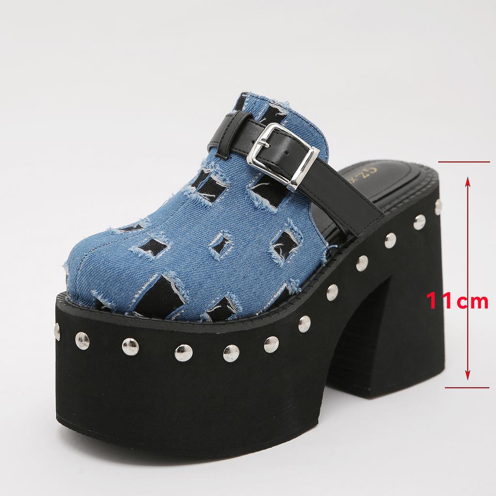 Fashion Denim Blue Solid Platform Rivets Women Slippers Fashion Design Thick Bottom High Heels Shoes Summer Party Dress Zapatos Mujer