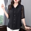 Women's Turn-Down Collar Blouse Sheer Mesh 3/4 Sleeves Ruffle Trim Button Front Loose Fit Casual Office Top