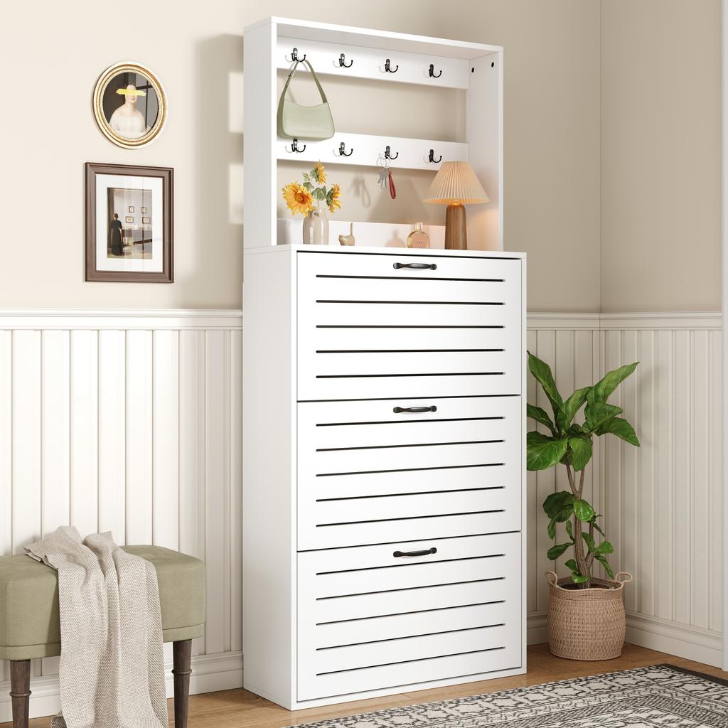 Shoe cabinet with 3 doors, shoe rack, shoe cabinet with hooks, storage for hats, bags, offers space for 15 pairs of shoes