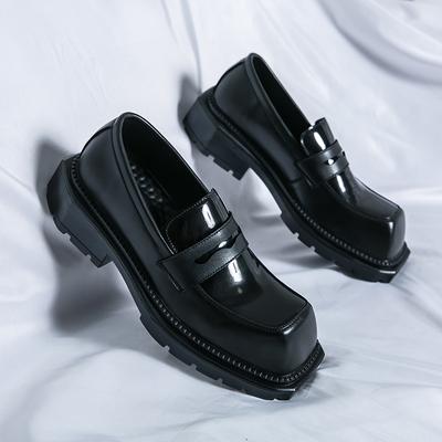 Mocassins Masculinos Bico Quadrado Plataforma Moda Formal Sapatos Masculinos Slip-On Couro Envernizado Preto Sapatos Sociais Masculinos