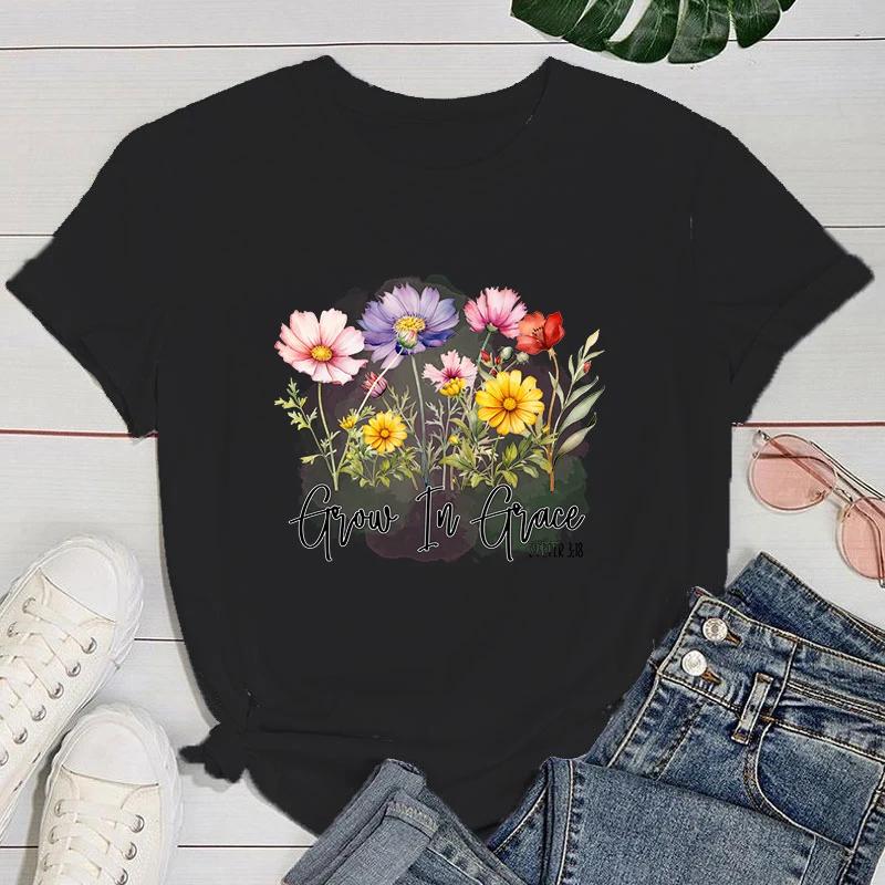 Funny Flowers Grow In Grace Letter Printing T-Shirts For Women Summer Tee Shirt Femme Casual Short Sleeve