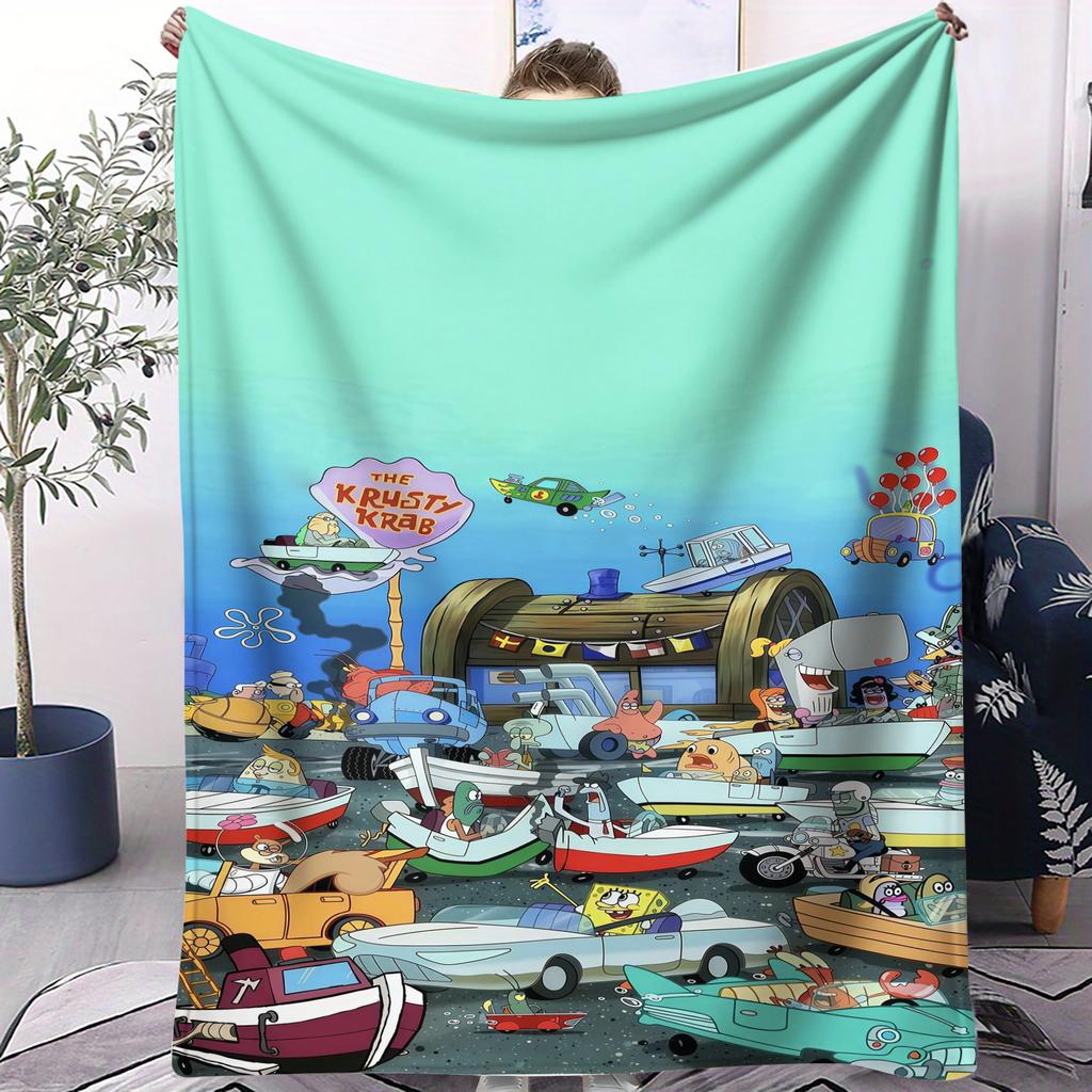 Multiple Cute SpongeBob Cartoon Print Pattern Flannel Blanket Soft Multifunctional Decortive Universal Throw Blanket Gift