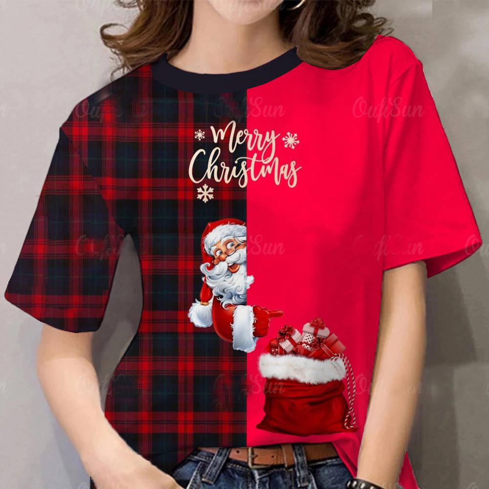 Merry Christmas T-Shirt For Women Casual Round Neck Oversized Xmas Tshirts Top Full Print Christmas Tree Pattern Tee Shirt