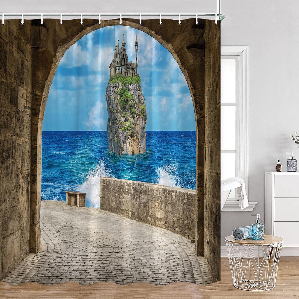 European Arched Door Shower Curtains European Garden Flowers Plants Bathroom Decoration Vintage Polyester Bath Curtain with Hook