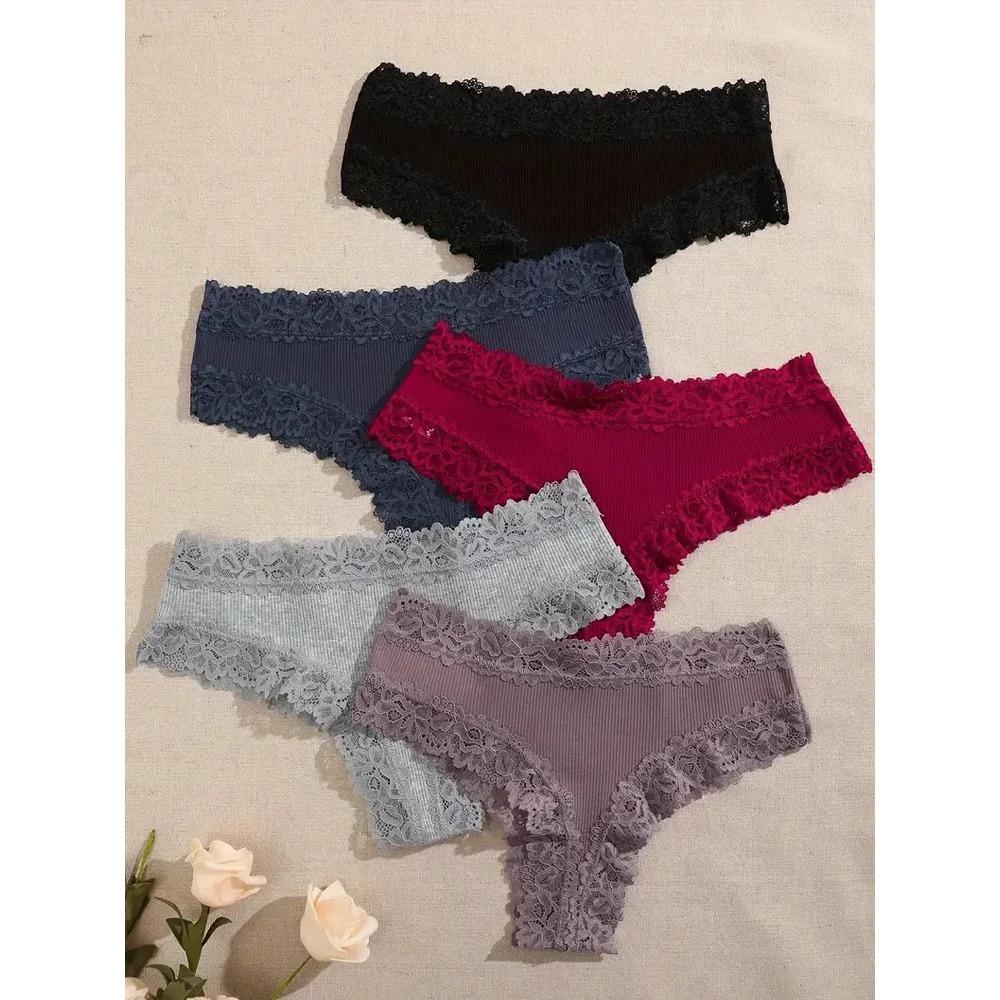 5 stuks/set Dames Katoenen Slipjes Bloemenkant Intiem Ondergoed Trendy Patchwork Kant Slips Vrouwelijke Zachte Onderbroeken Lingerie S-XL M&5pcs