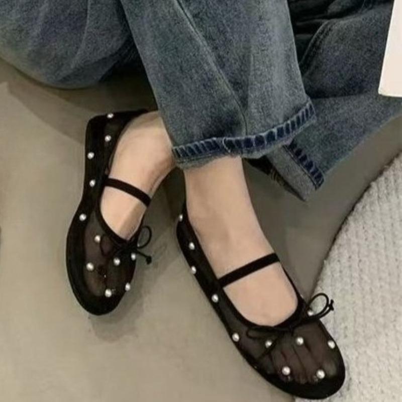 

Fashion 2025 Fashion Rhinestones Women Ballet Flats Dance Shoes Female Shallow Footwear Mesh Breathable Ladies Flats Mary Janes Shoes 35 чёрный