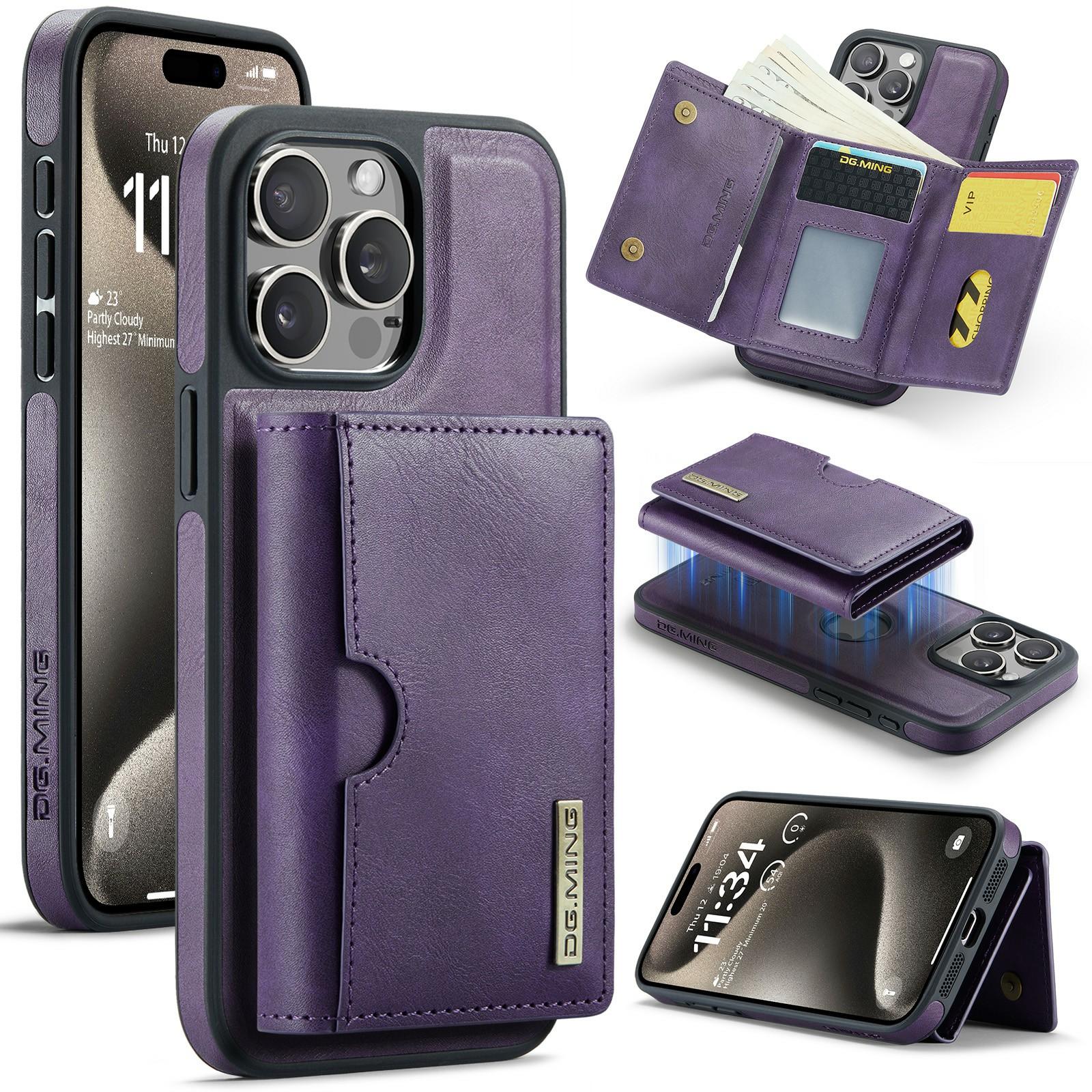 

DG.MING M6 Series For iPhone 14 Pro Max Case Magnetic Wallet PU+PC+TPU Phone Cover Purple