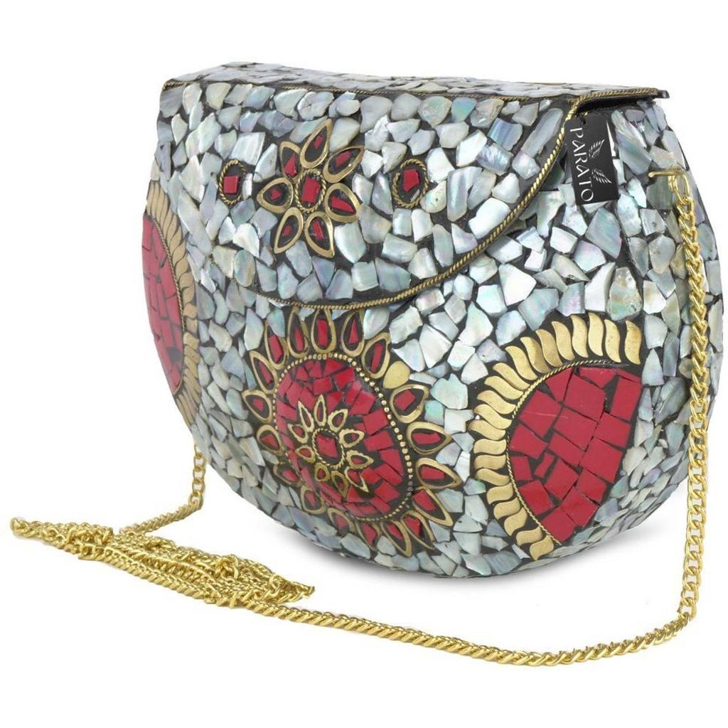 Red Women Sling Bag Handmade Metal Mosaic Bag Decorated with Tiles