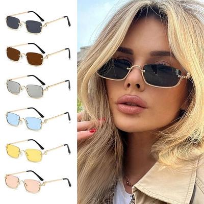Trendy Small Square Women'S Sunglasses Metal Half Frame Sun Glasses Vintage Shades Uv400 Eyewear Narrow Eyeglasses Driver Goggle