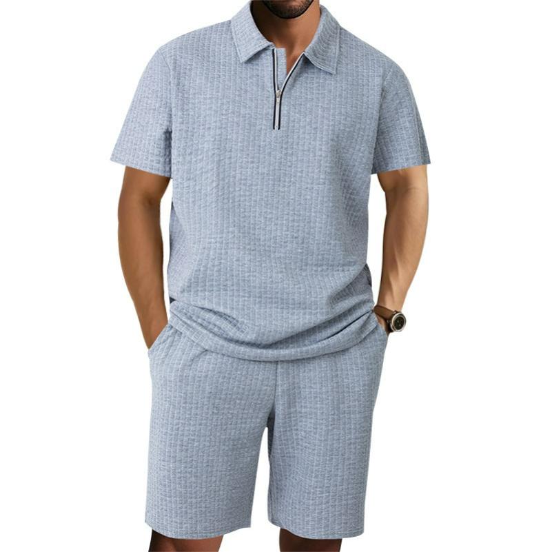 Men's Small Checkered Lapel Polo Shirt Short-sleeved Shorts Casual Sports Suit