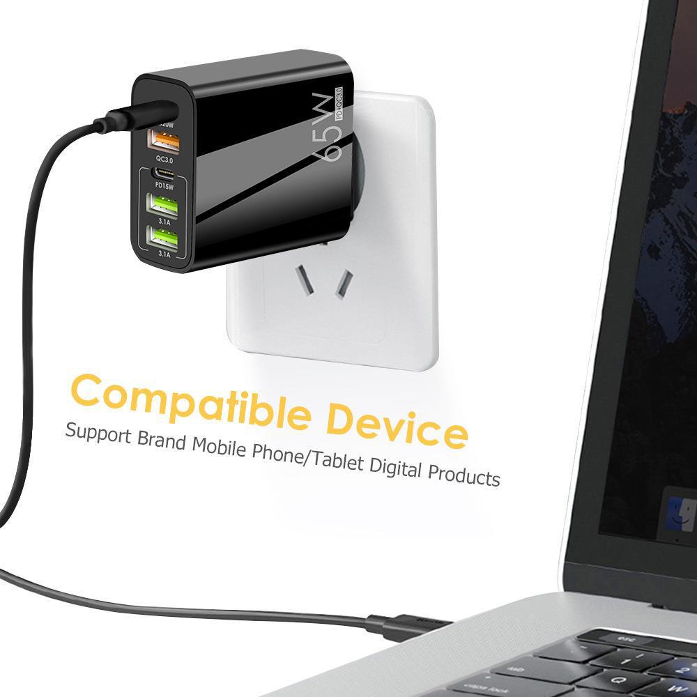 PD65W Fast Charger: 5V3.1A Multi-port Adapter with PD & 3 USB Ports for EU, US, UK