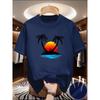 Men's Summer Loose and Comfortable Breathable Coconut Tree Print Round Neck Short Sleeved T-shirt Top