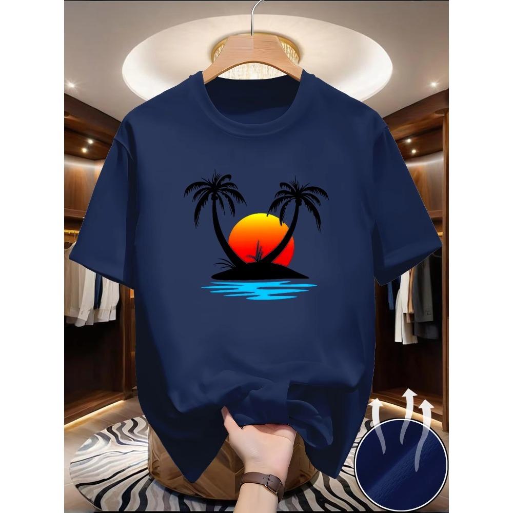 Men's Summer Loose and Comfortable Breathable Coconut Tree Print Round Neck Short Sleeved T-shirt Top