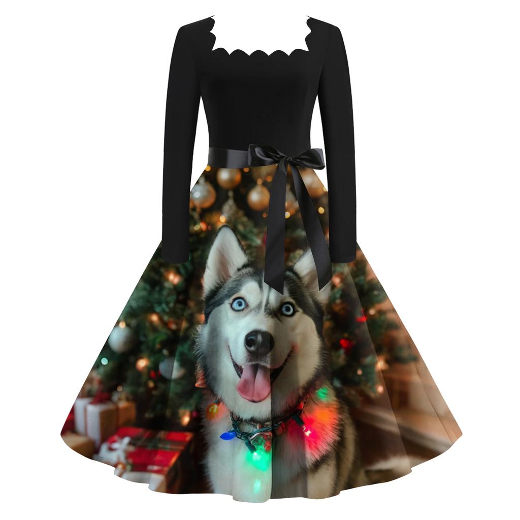 Women's Fashion Retro Long-sleeved Square Collar Christmas Printed Evening Dress