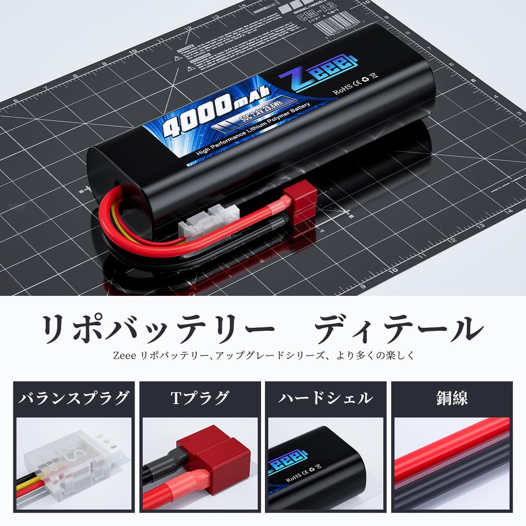 Zeee 2S LiPo Battery, 4000mAh, 7.4V, 50C, with T-Plug, for RC Cars, Trucks, and More, 2-Pack