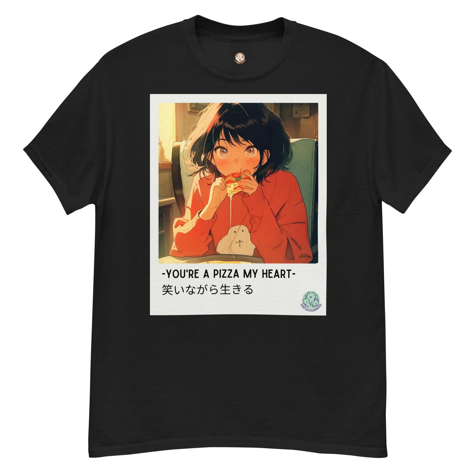 Live With Laughter Novelty Graphic Anime 100% Cotton T-shirt Mens Tees Top - Pizza My Heart (Black) S