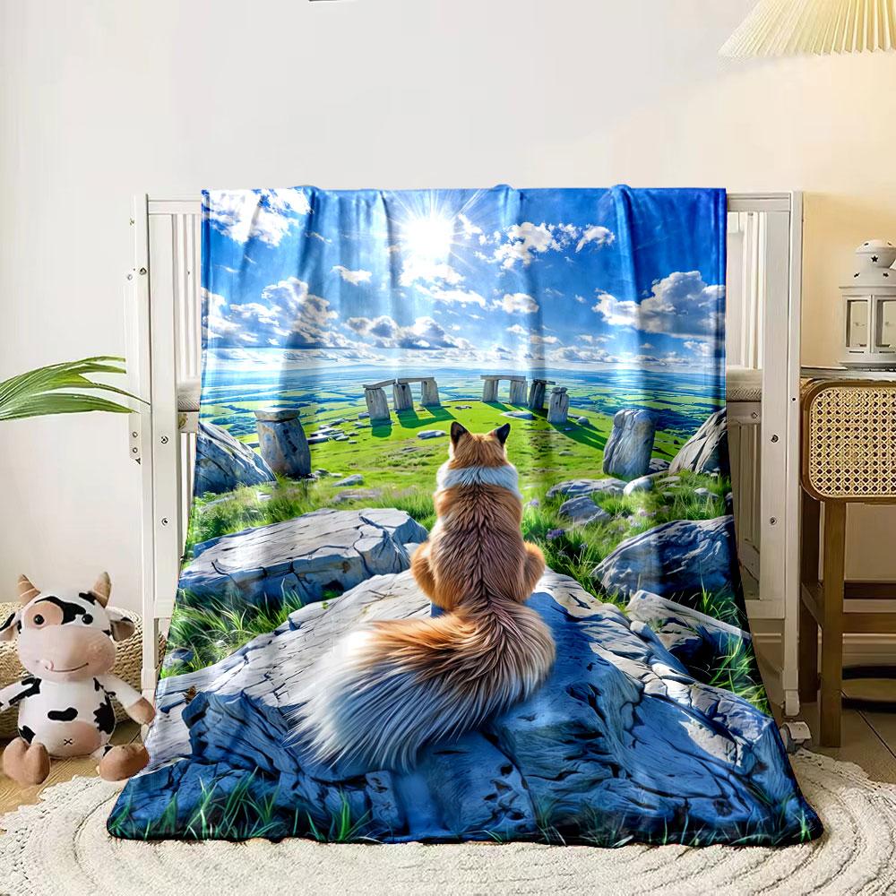 

A fox sits on rocky terrain, facing Stonehenge under a bright blue sky. for all seasons blanket lunch break throw gift 80cm x 120cm
