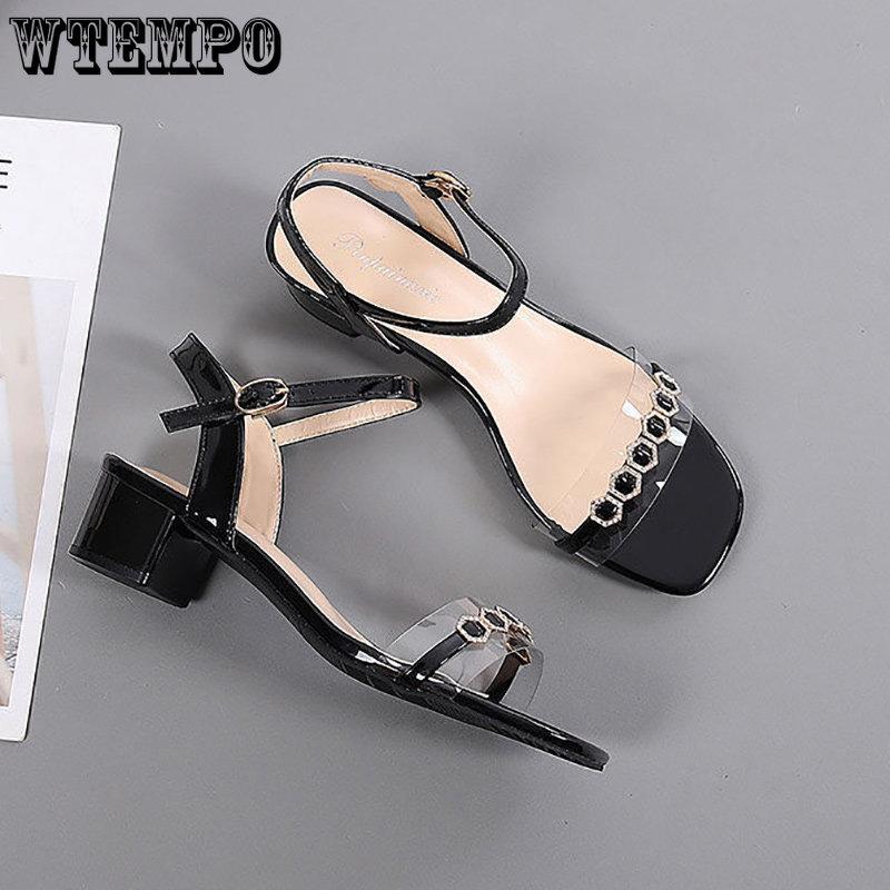 Women's Fashion High Heel Sandals Summer Leather Low Heel Simple Sexy Square Head Fairy Wind Sandals | Sequins Rhinestones A Buckle | PU Material