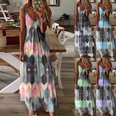 Womens Fashion Print Spaghetti Strap Maxi Dress Summer Beachwear Vacation Dress Casual Sleeveless Dress Long Dress