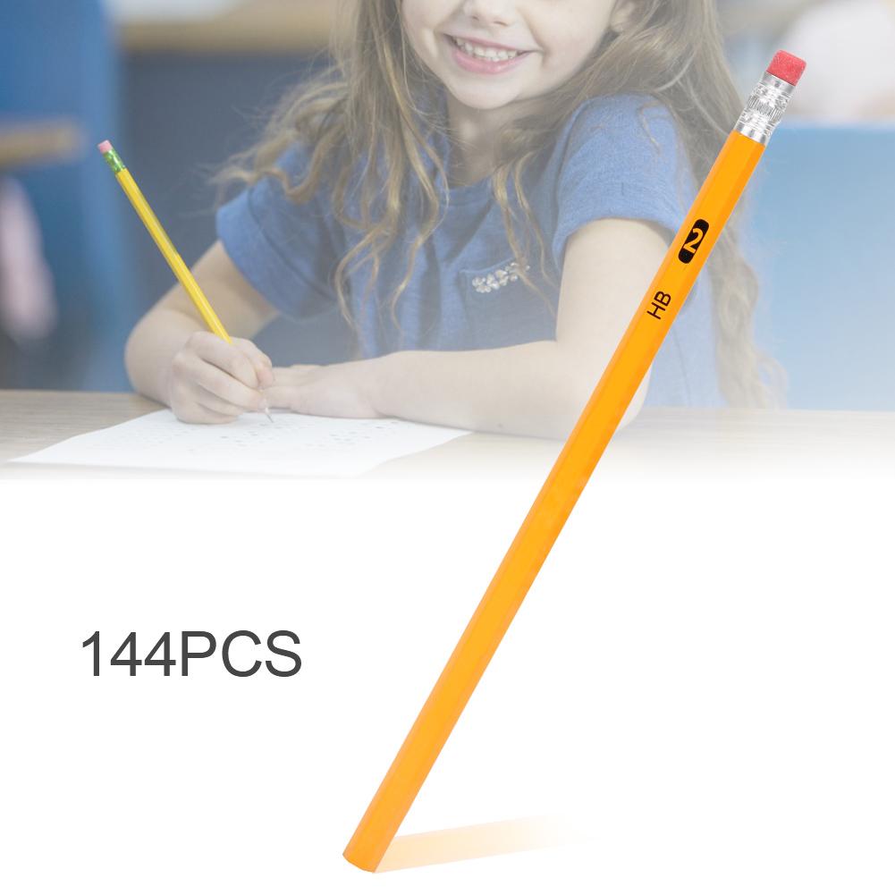 144PCS Yellow Rod with Eraser HB Pencil Set Environmental Stationery Painting Tool