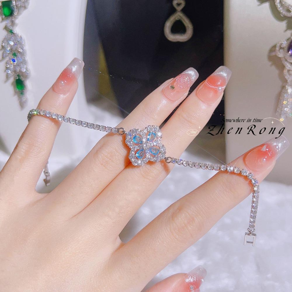 Luxury Blue Zirconia Bracelet for Women Four Leaf Clover Design Full Diamond Minimalist Jewelry