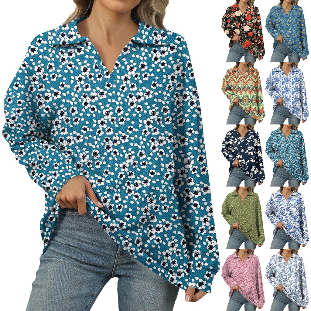 Women's Summer Fashion Casual  Printed V-Neck Long Sleeve Shirt Top