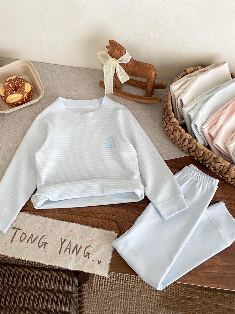 Children's Striped Velvet Warm Homewear Set: Boys' & Girls' Autumn Long Johns & Underwear, Lycra Two-Piece.