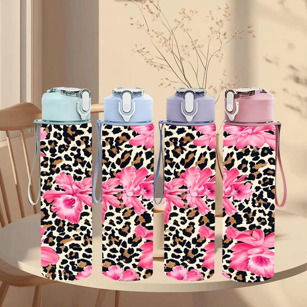 1PC Pink Floral Leopard Mixed Pattern Print 750ml Color Plastic Sports Water Bottle Leakproof Flip Straw Lid Suitable for Sports Office Home Use