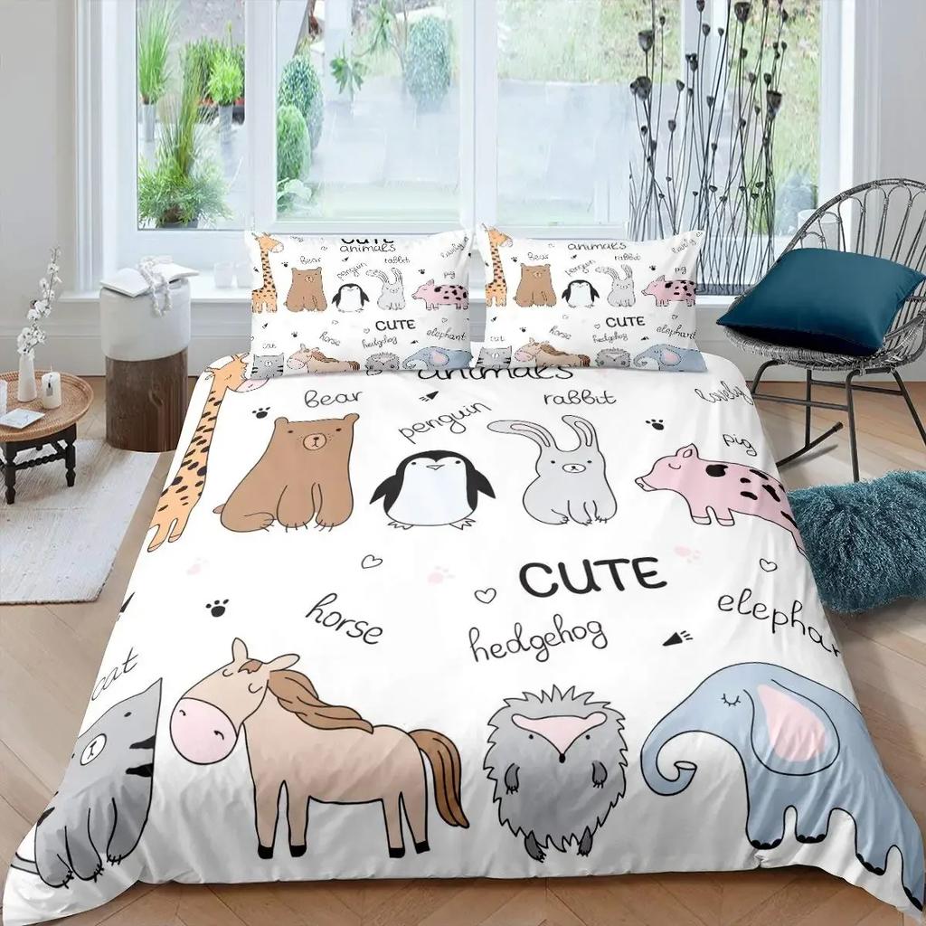 Cartoon Animals Duvet Cover Set King Size Savannah Tropical Forest Jungle Wildlife Bedding Set Kids Zoo Polyester Quilt Cover