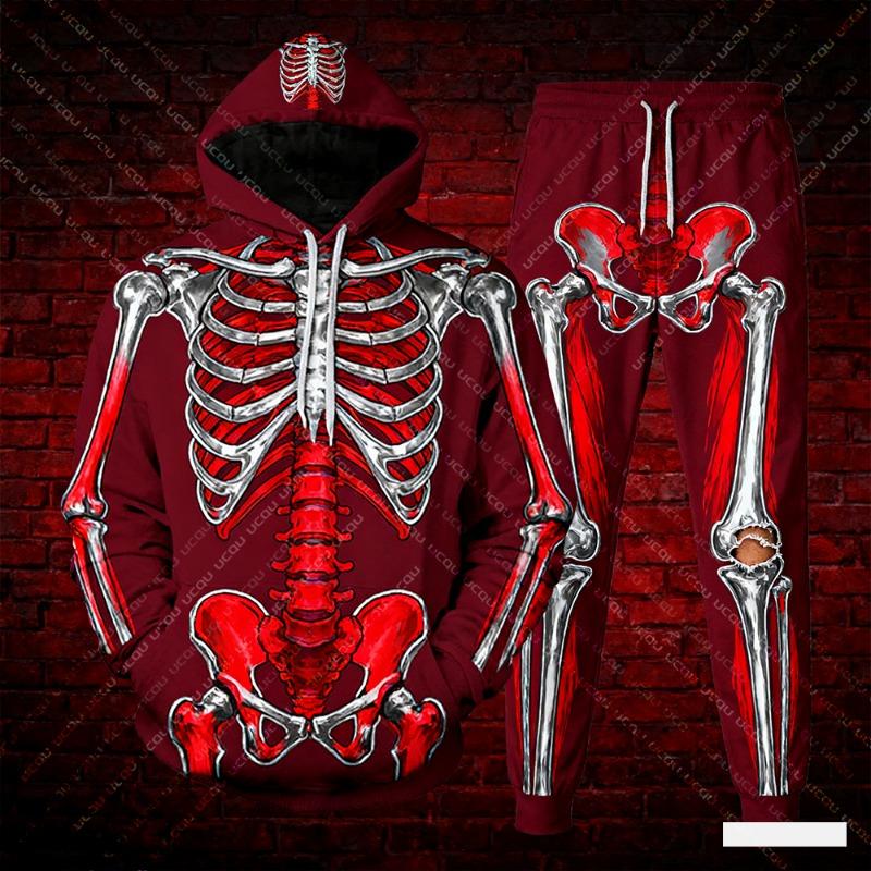 Felpe con Cappuccio da Uomo Stampa Scheletro 3D Set da 2 Pezzi Felpa con Cappuccio e Pantaloni Tuta Autunno/Inverno Halloween Casual Outdoor Set da Jogging