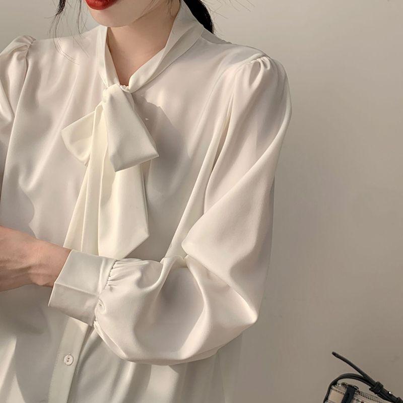 Schicke weiße Langarmbluse Damen Herbst Frühling Bürohemd Schleife Professionell Elegant Chiffon-Top Hohe Qualität