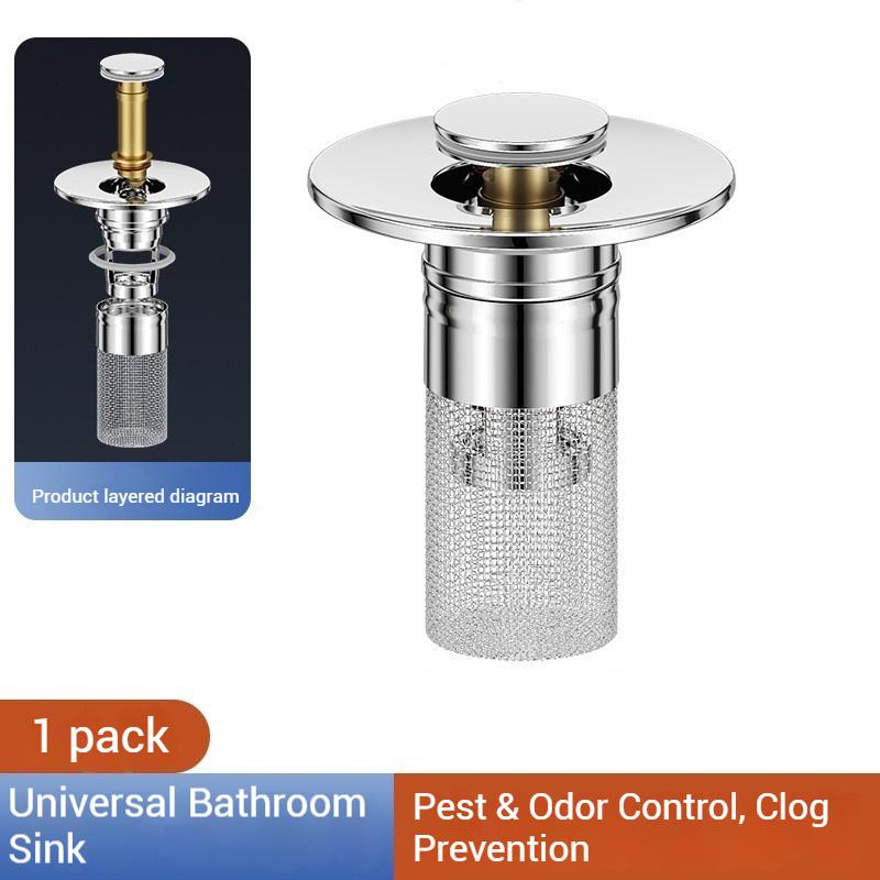 1 Piece Retractable Sink Drain Plug with Stainless Steel Mesh, Chrome-Plated Plastic Bathroom Hair Filter to Prevent Clogging, Removable Drain Cover