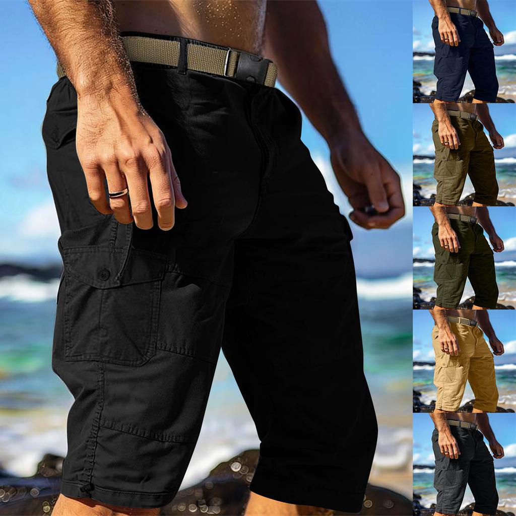 Men's Workwear Shorts With Multiple Pockets, Elastic Waistband, Loose Cotton, Casual Outdoor Lightweight Work Shorts