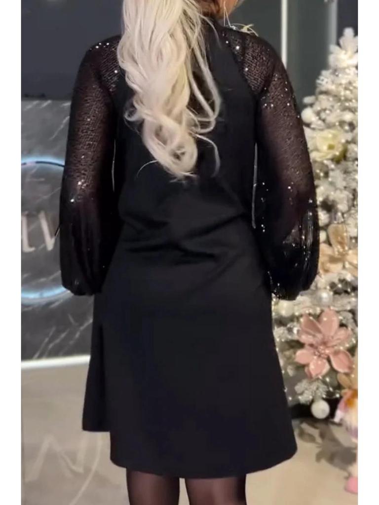 2024 Autumn/Winter Sweet Sequin Patchwork Mini Dress with Long Sleeves and Tie-Up Design