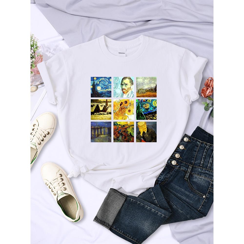 Van Gogh Works Sanskrit Printed Female Tops Breathable Casual T Shirts Fashion Short Sleeve Women Crewneck Street Tshirt