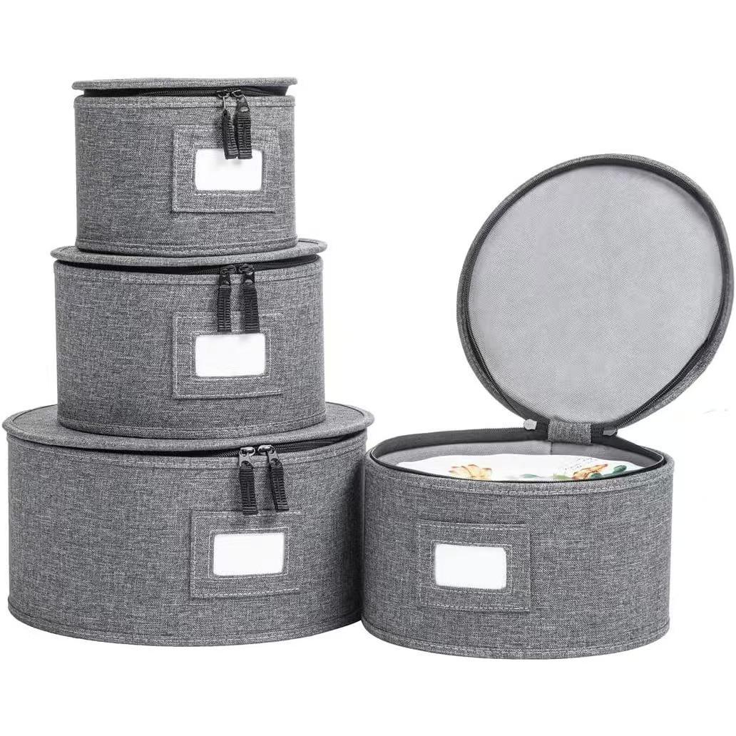 

Round Dinner Plate Storage Box with Lid - Dustproof Fabric Bin with Needle-Punched Cotton