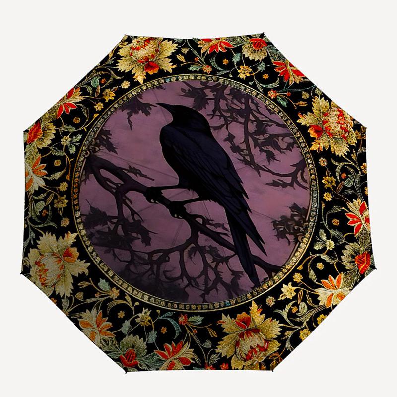 Crow, FloralThemed Automatic Opening and Closing Umbrella 8 Ribs, Suitable for Leisure and Going Out, Outdoor Accessory, Gothic Style, Fas
