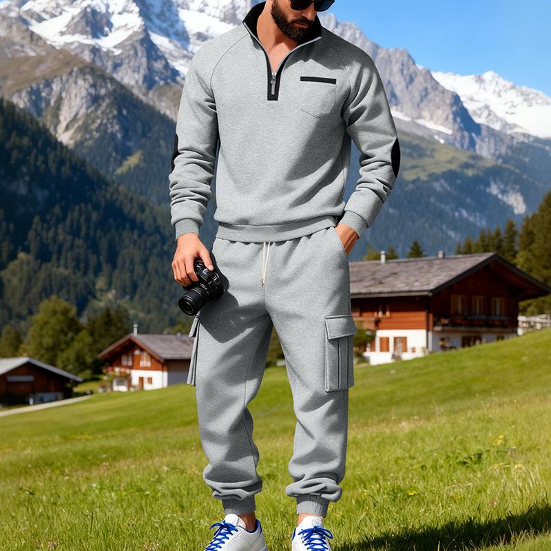 Mens Casual Tracksuit Sets Cross-Season And New Style Mens Slim-Fit Stand-Collar Tracksuit Workwear Sports Long Pants Set