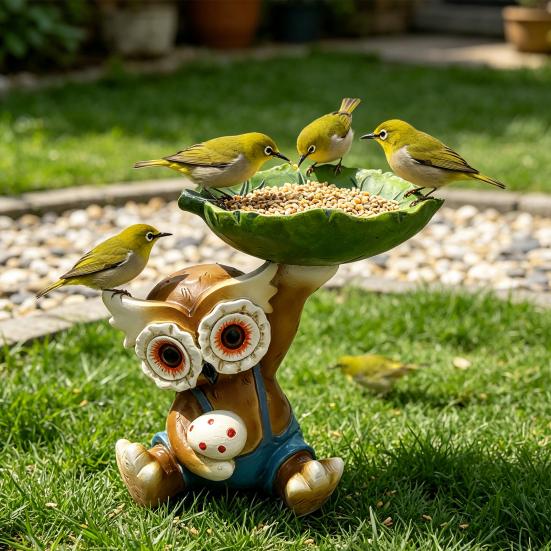 Owl Statue Bird Feeder Resin Decorative Bird Feeder Outdoor Cute Owl Bird Feeder for Garden Balcony Yard Front Porch Decoration