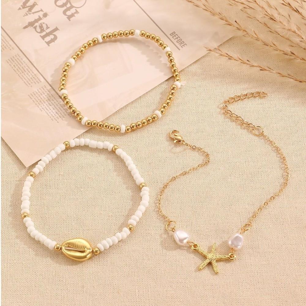 3Pcs Pearl Shell Bracelet Set Stretch Bohemia Beaded Bracelet Set Universal Charm Multiple Layers Bracelet Women's Jewelry