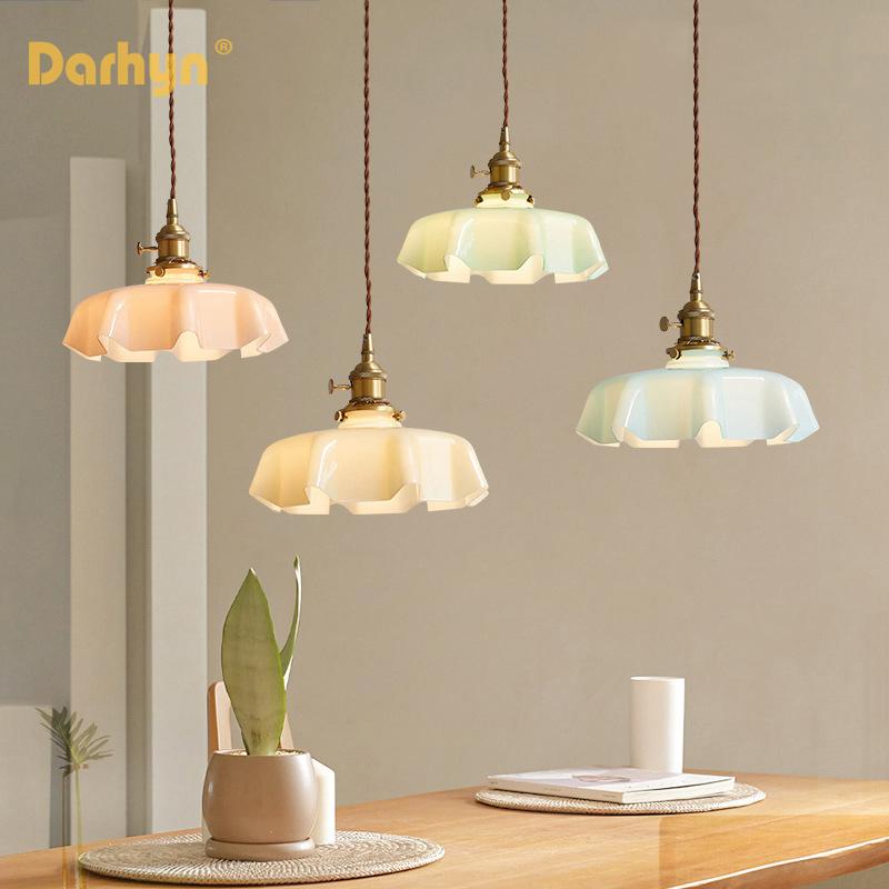 French Glass Pendant Light Retro Lustre For Dining Room Homestay Restaurant Balcony Bedside Aisle Bay Window brass ceiling lamp