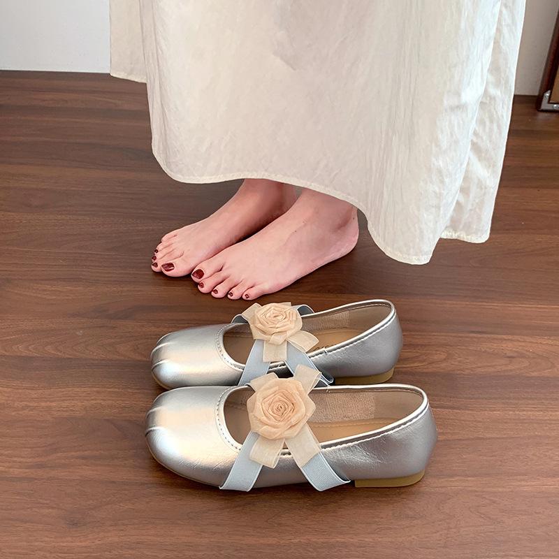 Beautiful camellia flower Mary Jane single shoes women's 2025 spring new flat red cross-strap ballet shoes
