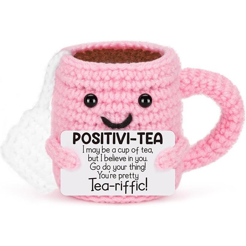 Funny Crochet Positive Pink Tea Cup Doll with Motivational Card Handmade Emotional Support Cup Desktop Ornament for Women Friend